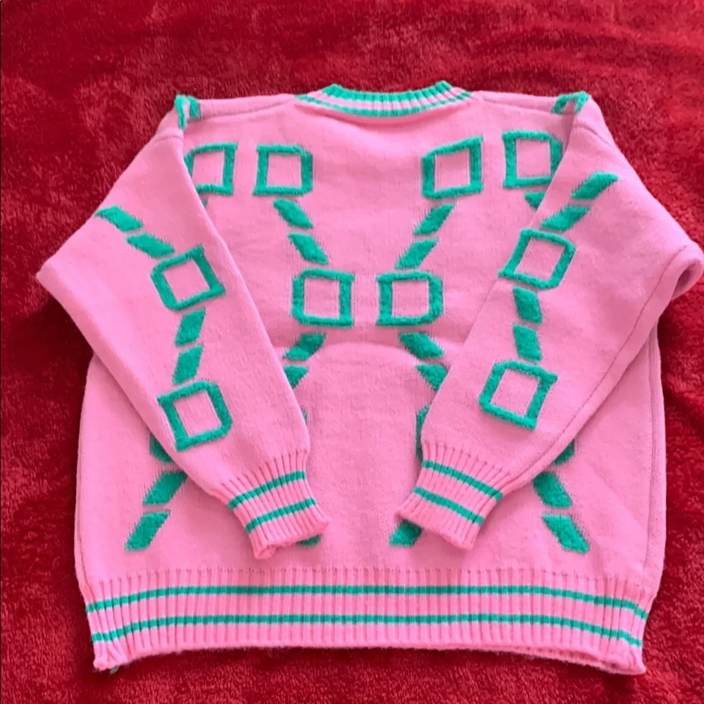 Vibrant Pink and Green Crew Neck Sweater with Geometric Patterns - Picture 2 of 4